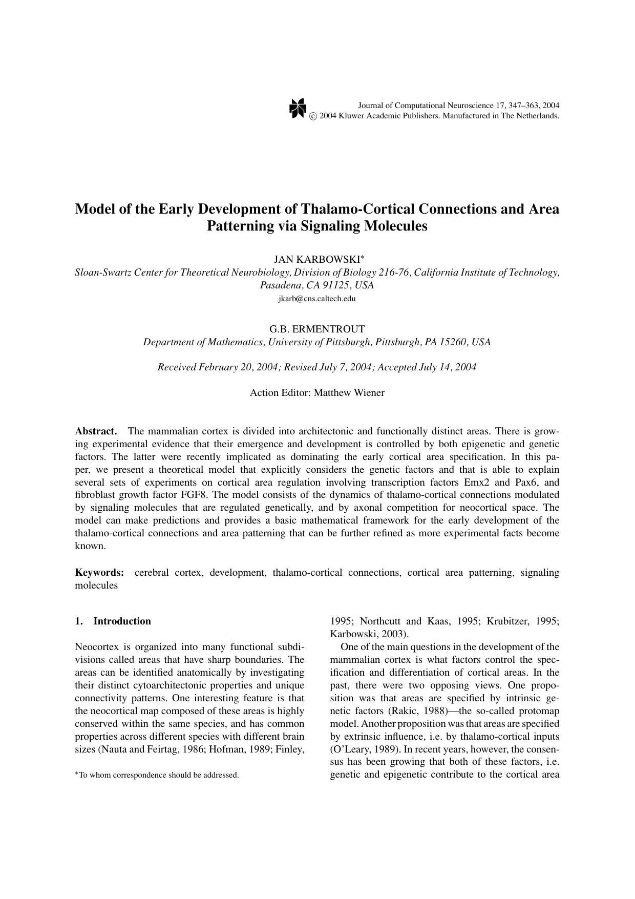Model of the Early Development of Thalamo-Cortical Connections and Area Patterning via Signaling Molecules by Unknown