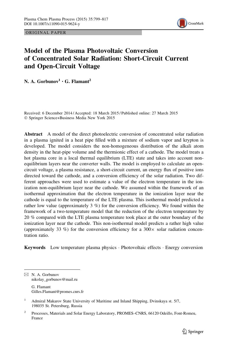 Model of the Plasma Photovoltaic Conversion of Concentrated Solar Radiation: Short-Circuit Current and Open-Circuit Voltage by N. A. Gorbunov & G. Flamant
