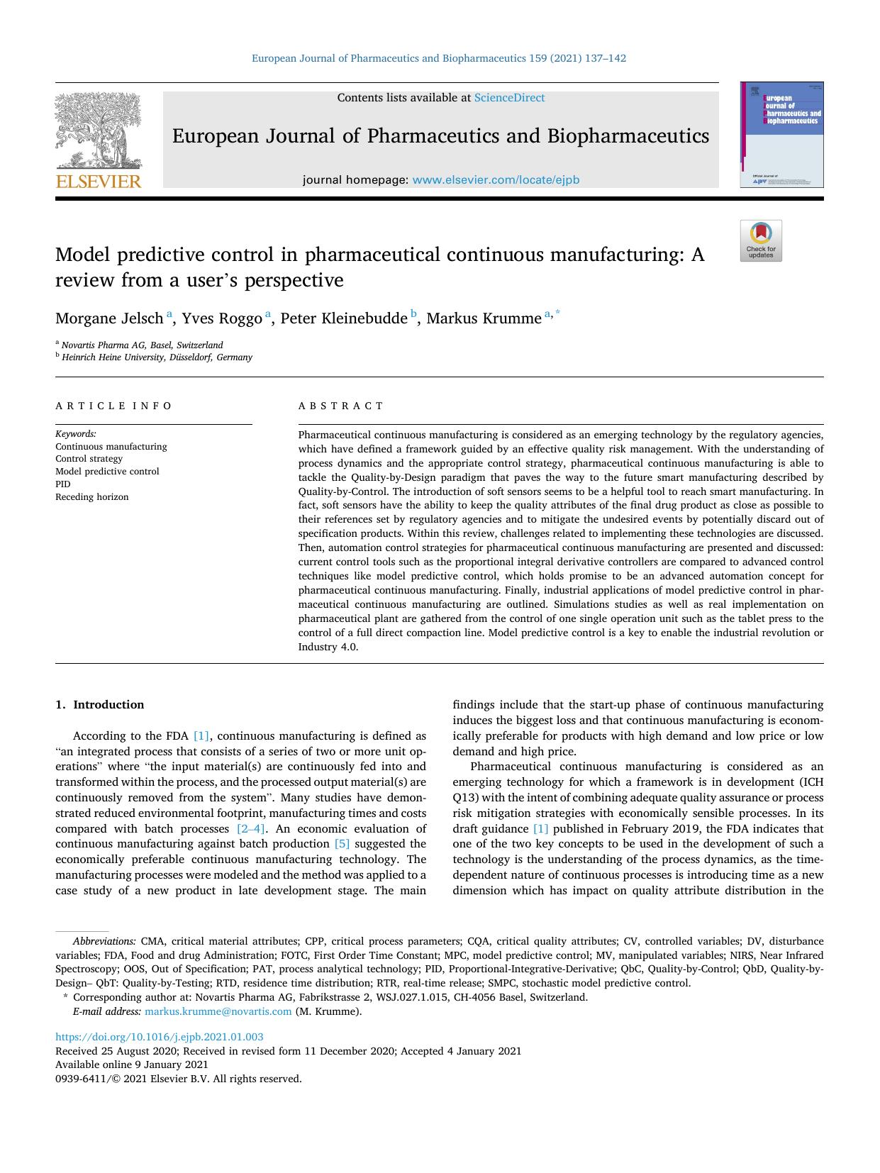 Model predictive control in pharmaceutical continuous manufacturing: A review from a userâs perspective by Morgane Jelsch