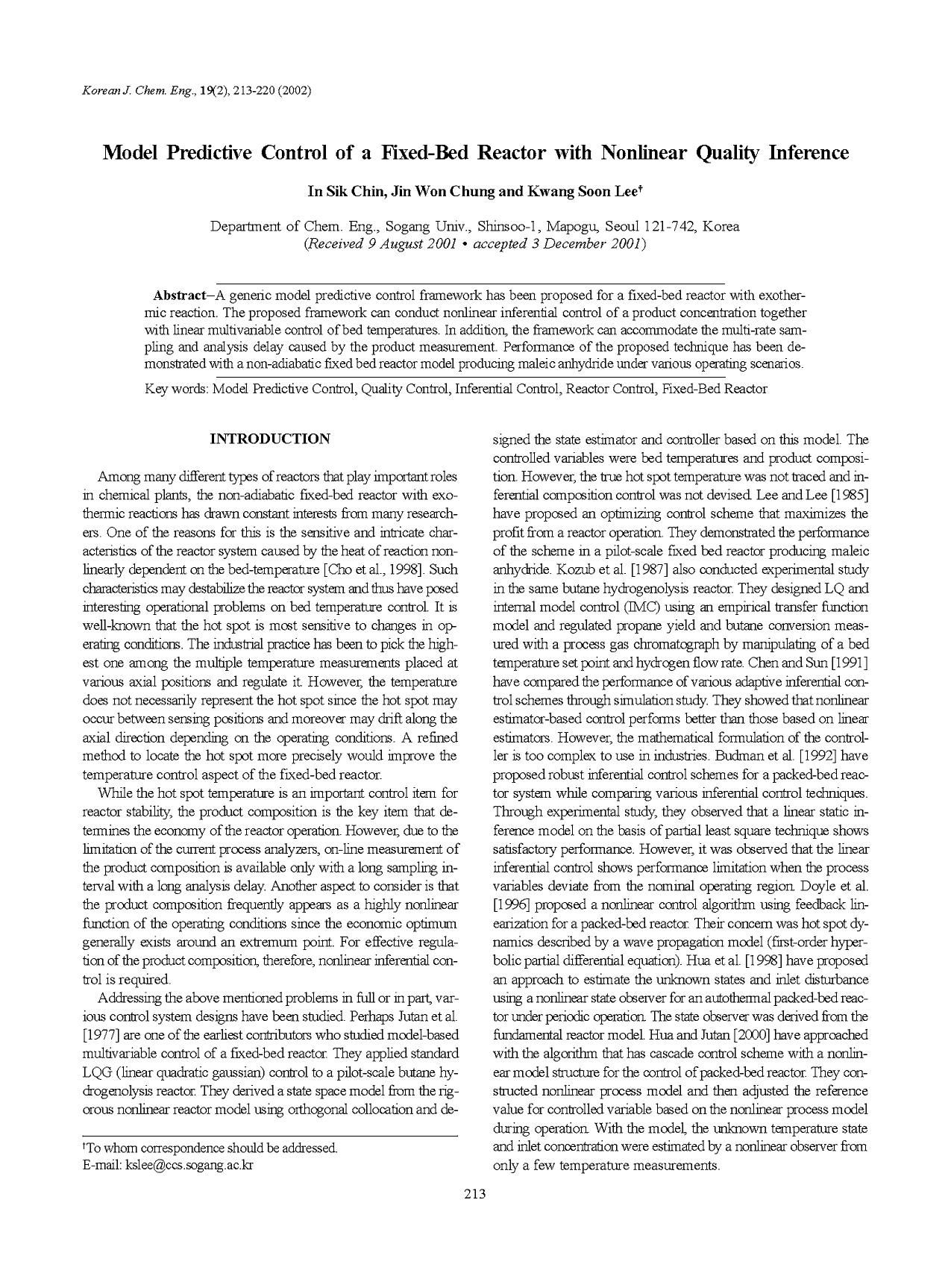 Model predictive control of a fixed-bed reactor with nonlinear quality inference by Unknown