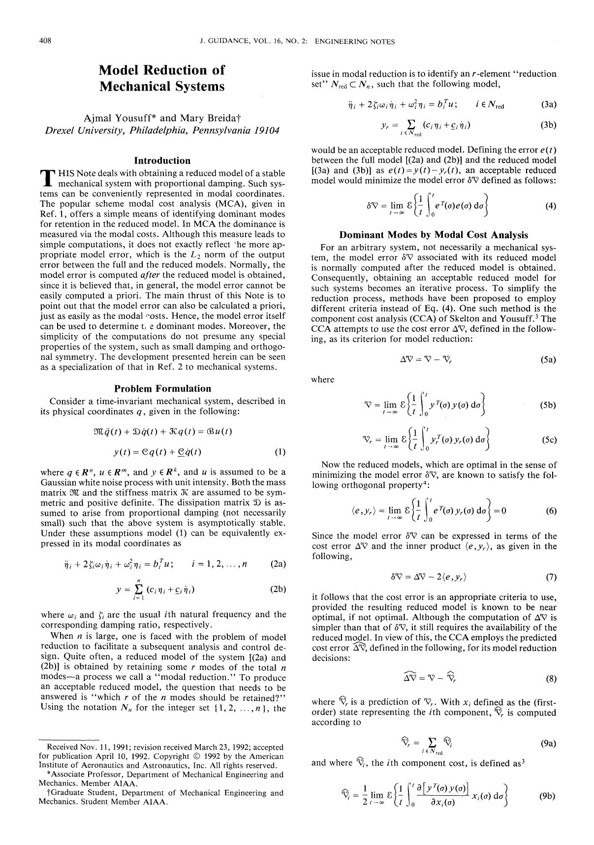 Model reduction of mechanical systems by Unknown