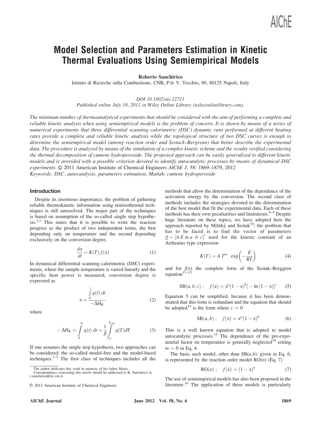 Model selection and parameters estimation in kinetic thermal evaluations using semiempirical models by Unknown