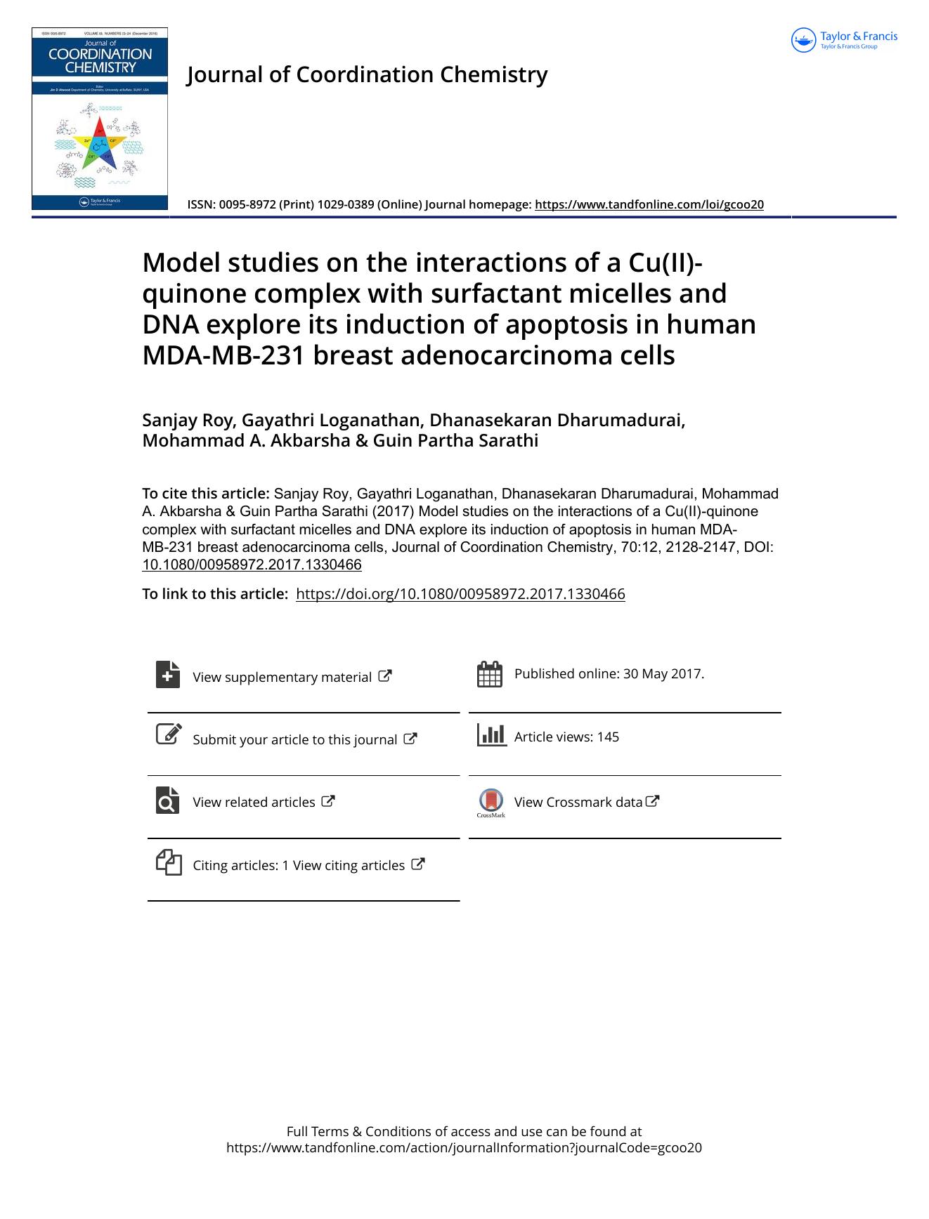 Model studies on the interactions of a Cu(II)-quinone complex with surfactant micelles and DNA explore its induction of apoptosis in human MDA-MB-231 breast adenocarcinoma cells by unknow