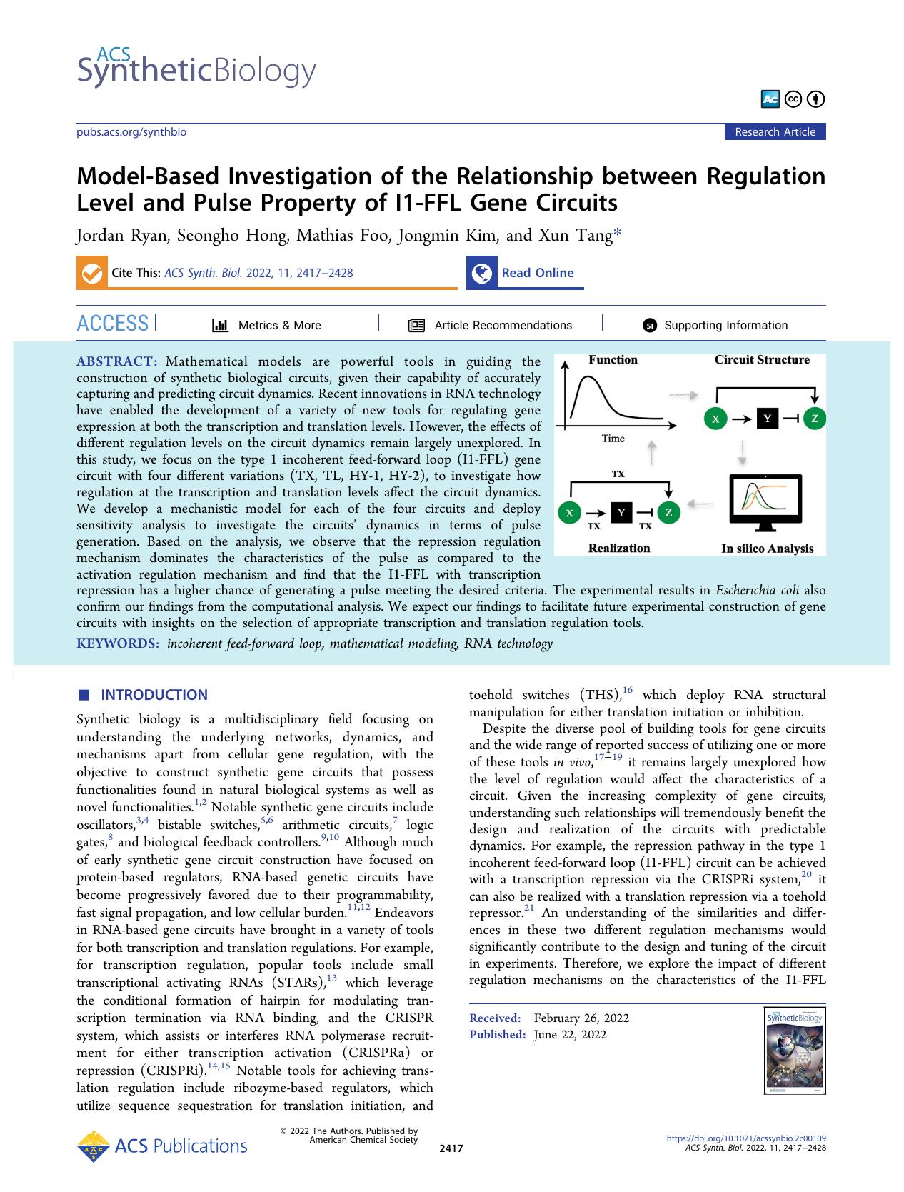 Model-Based Investigation of the Relationship between Regulation Level and Pulse Property of I1-FFL Gene Circuits by Jordan Ryan Seongho Hong Mathias Foo Jongmin Kim and Xun Tang
