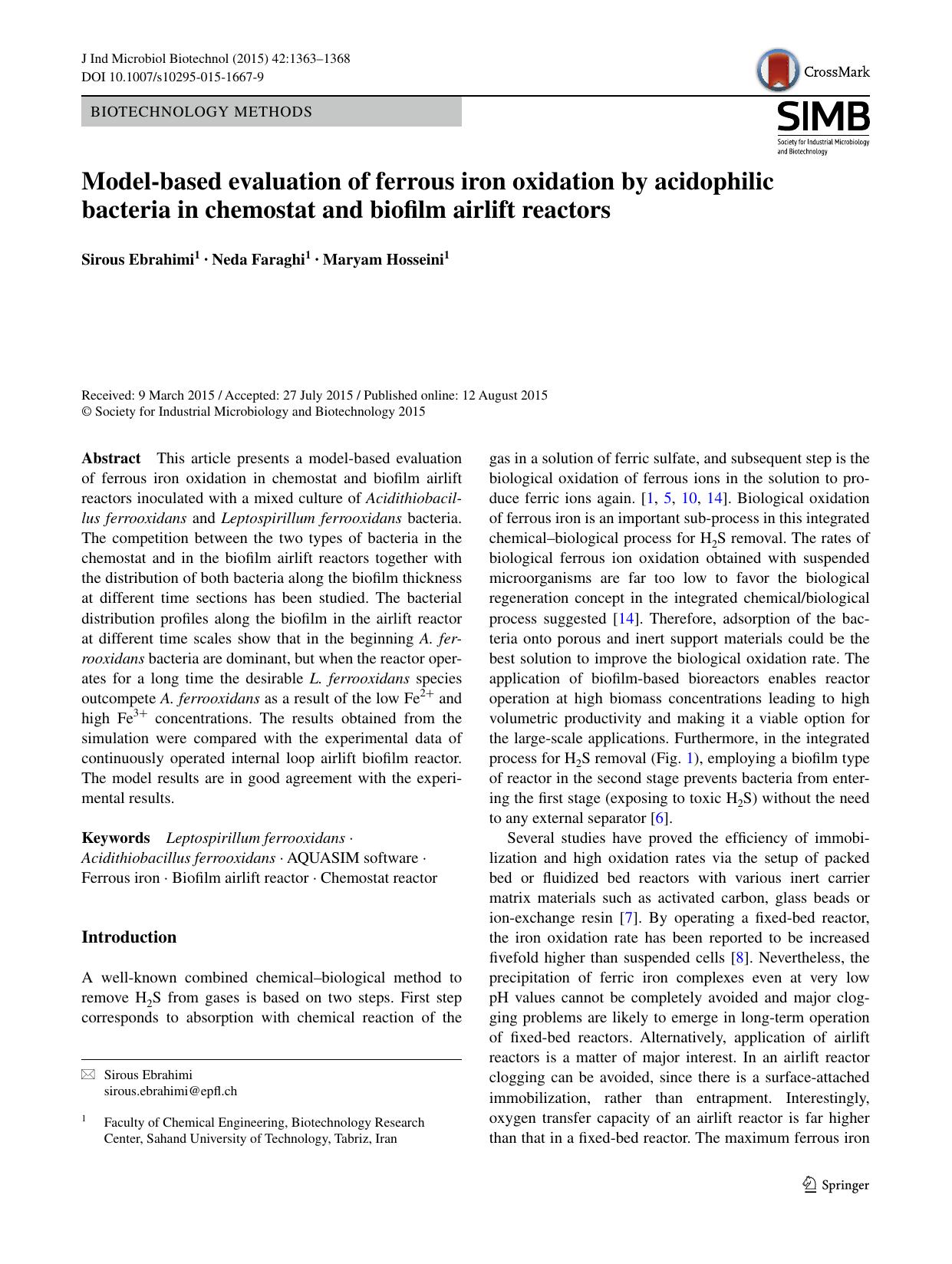 Model-based evaluation of ferrous iron oxidation by acidophilic bacteria in chemostat and biofilm airlift reactors by Sirous Ebrahimi & Neda Faraghi & Maryam Hosseini