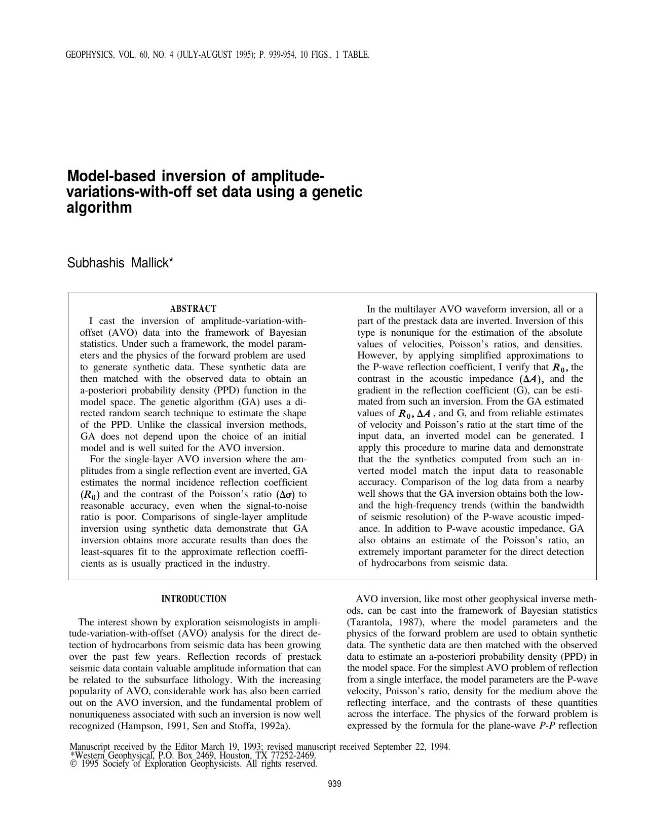 Model-based inversion of amplitude-variations-with-offset data using a genetic algorithm by S. Mallick