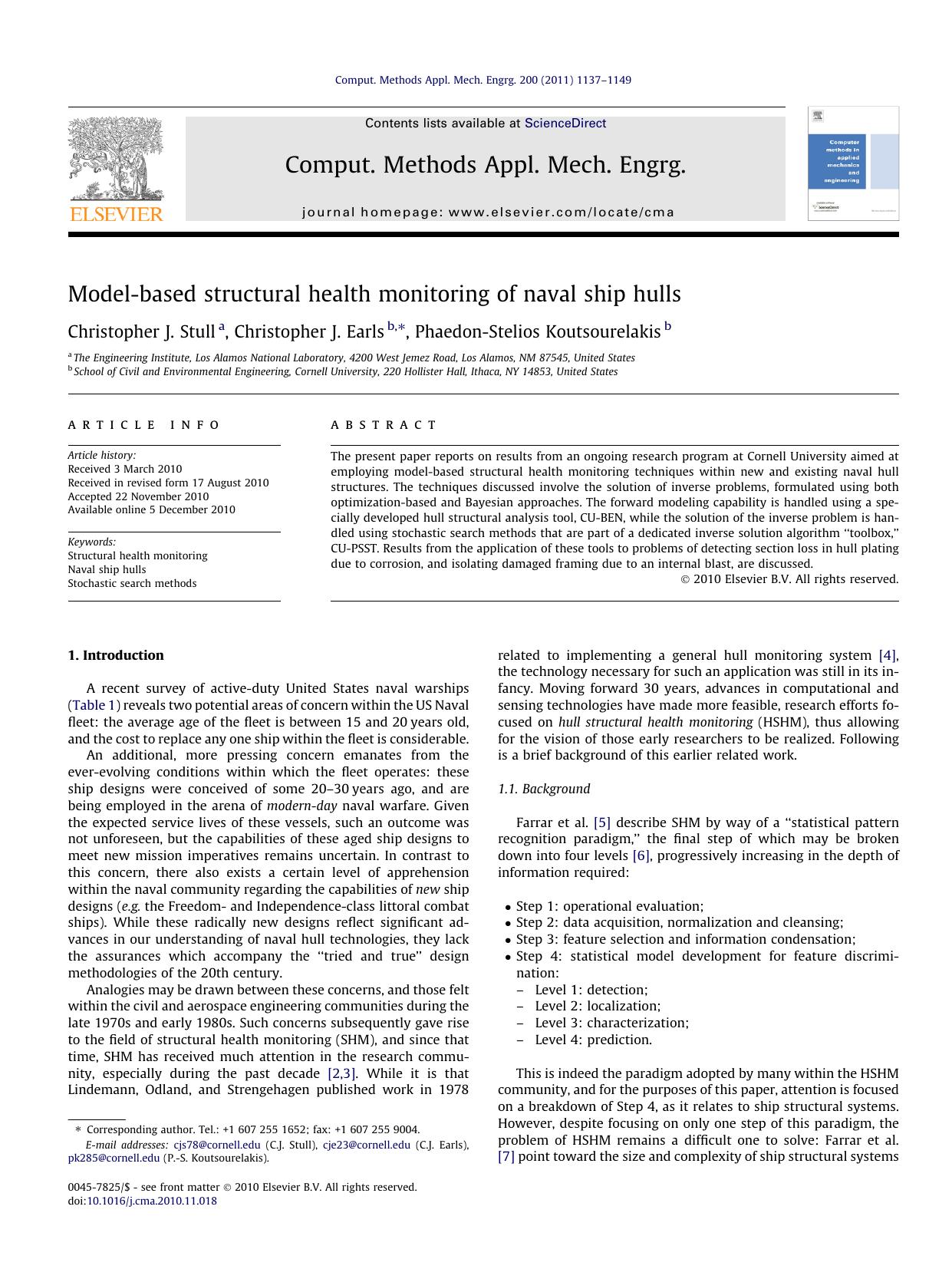 Model-based structural health monitoring of naval ship hulls by Christopher J. Stull & Christopher J. Earls & Phaedon-Stelios Koutsourelakis