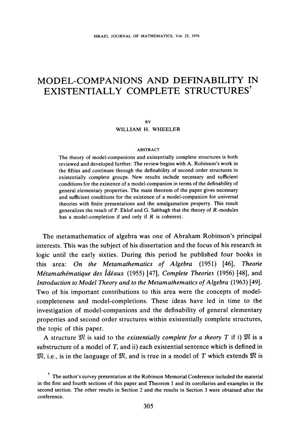 Model-companions and definability in existentially complete structures by Unknown