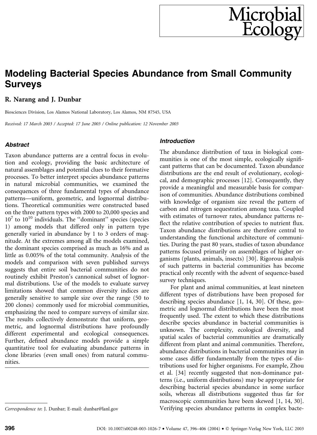 Modeling Bacterial Species Abundance from Small Community Surveys by Narang R. et al