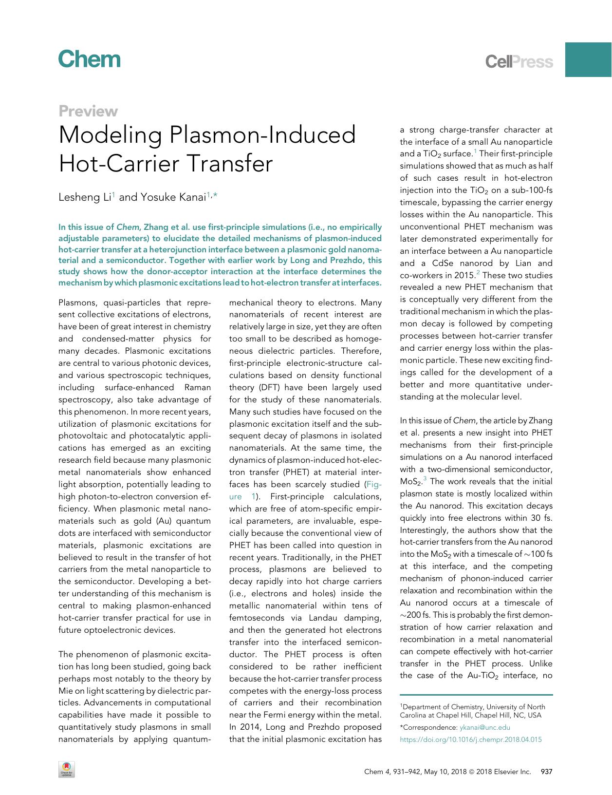 Modeling Plasmon-Induced Hot-Carrier Transfer by Lesheng Li