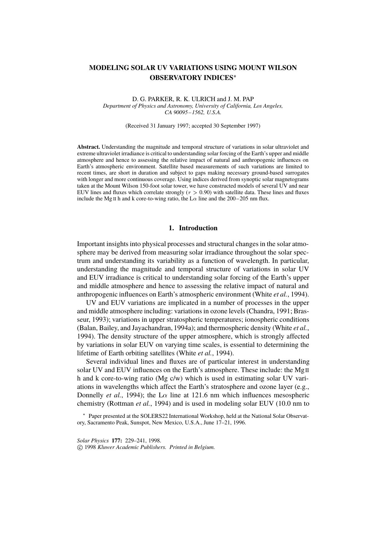 Modeling Solar UV Variations Using Mount Wilson Observatory Indices by Unknown