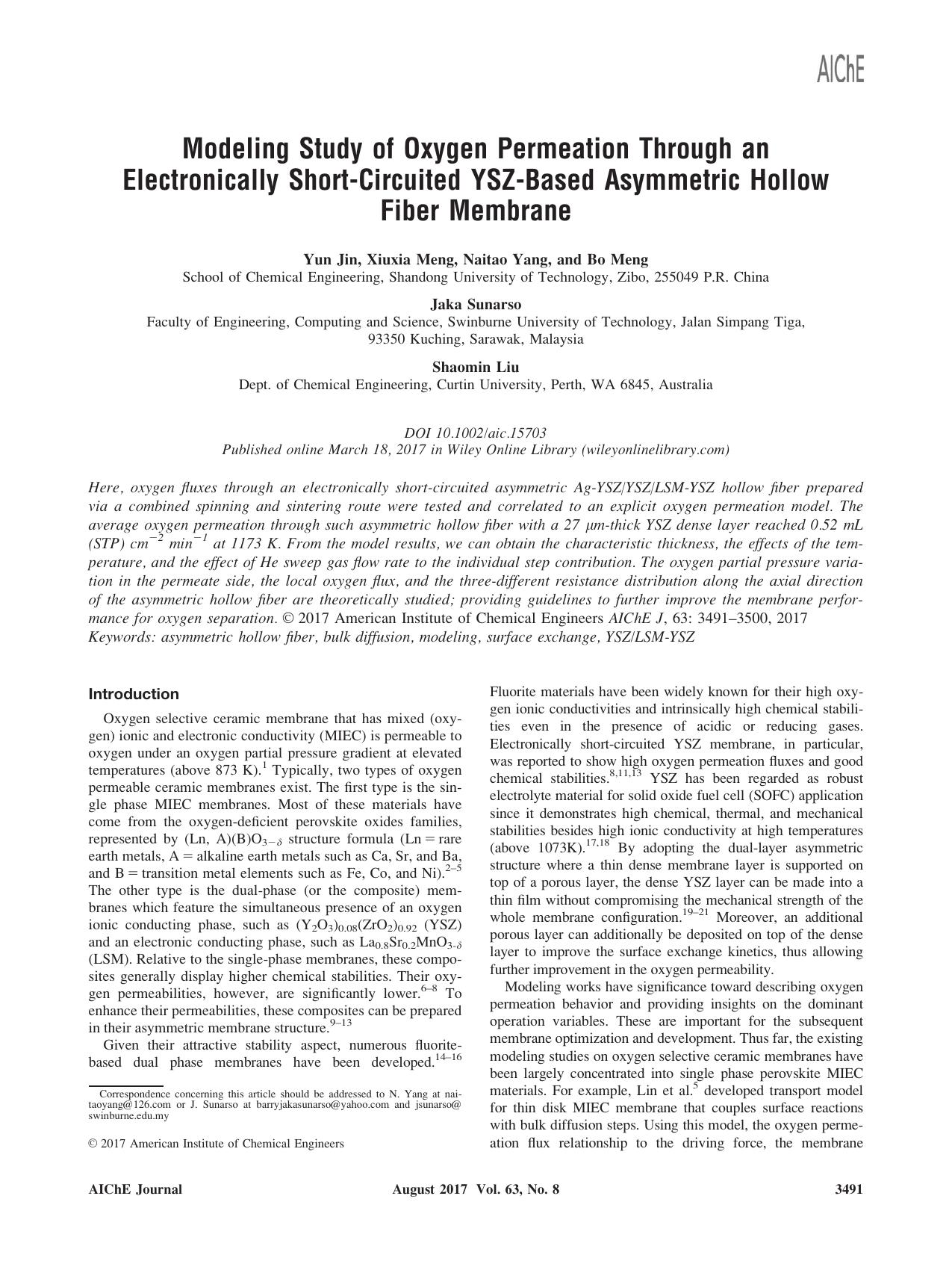 Modeling Study of Oxygen Permeation Through an Electronically Short‐Circuited YSZ‐Based Asymmetric Hollow Fiber Membrane by Unknown