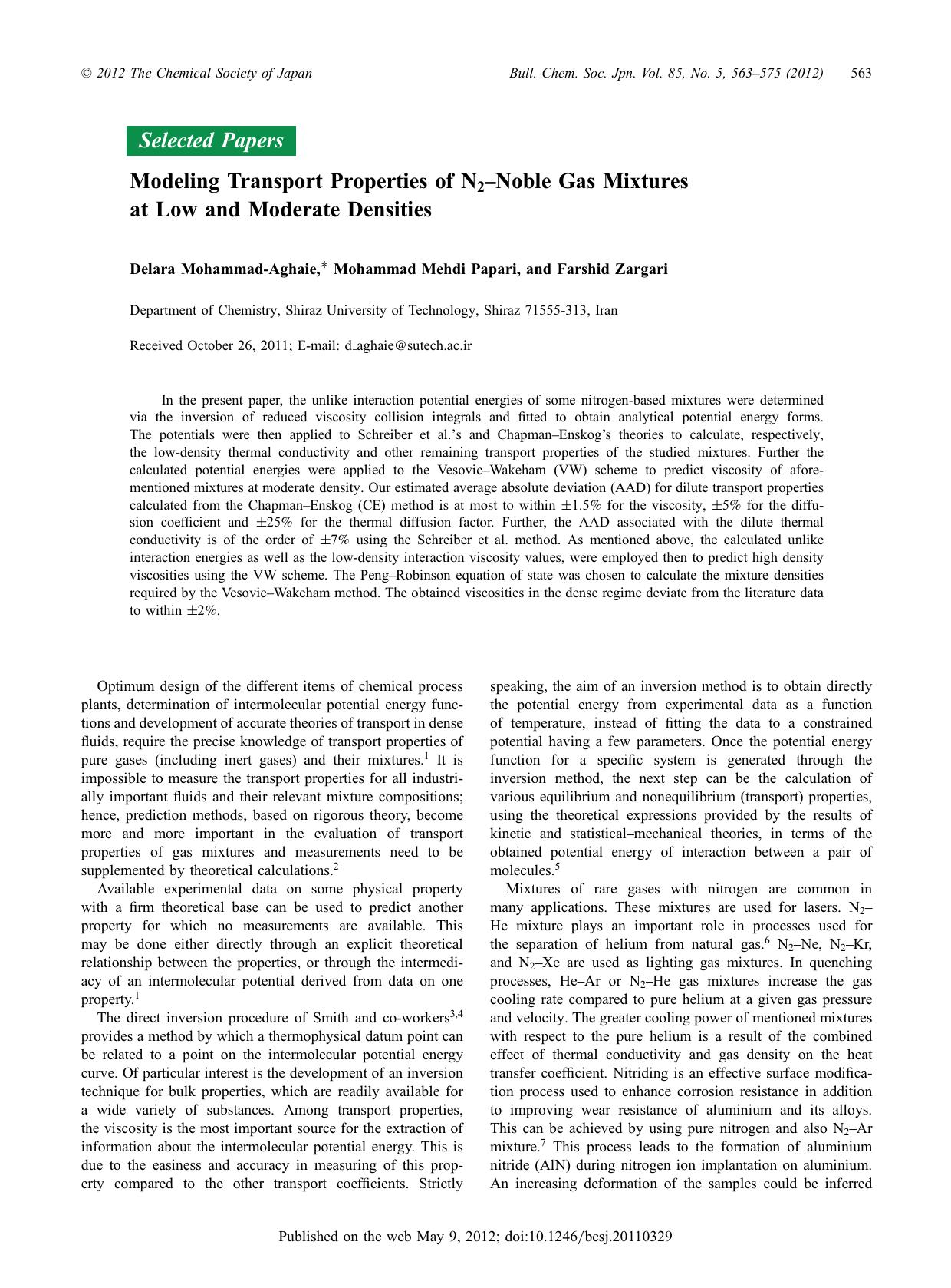 Modeling Transport Properties of N2âNoble Gas Mixtures at Low and Moderate Densities by Delara Mohammad-Aghaie Mohammad Mehdi Papari Farshid Zargari