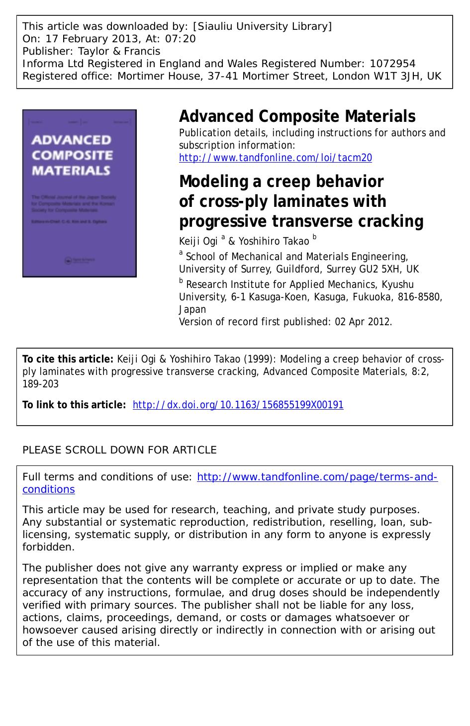 Modeling a creep behavior of cross-ply laminates with progressive transverse cracking by Keiji Ogi & Yoshihiro Takao