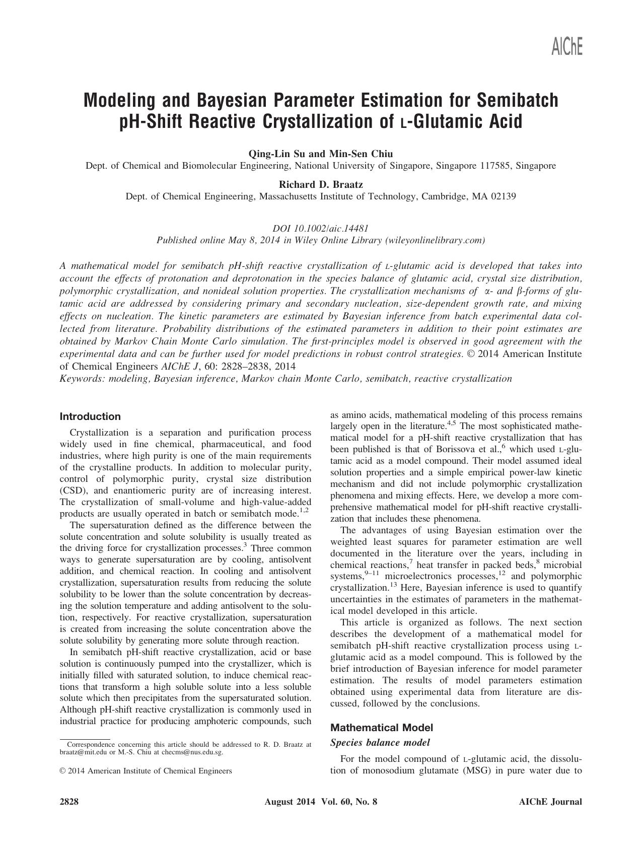 Modeling and Bayesian parameter estimation for semibatch pHshift reactive crystallization of lglutamic acid by Unknown