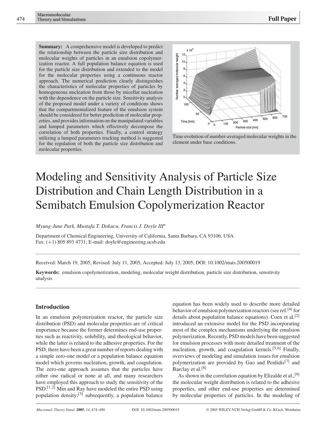 Modeling and Sensitivity Analysis of Particle Size Distribution and Chain Length Distribution in a Semibatch Emulsion Copolymerization Reactor by B L Ganju (Thomson Press India) 1267 2000 Apr 26 13:33:04