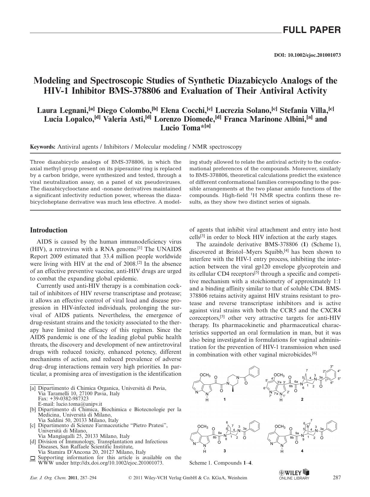 Modeling and Spectroscopic Studies of Synthetic Diazabicyclo Analogs of the HIV1 Inhibitor BMS378806 and Evaluation of Their Antiviral Activity by Unknown