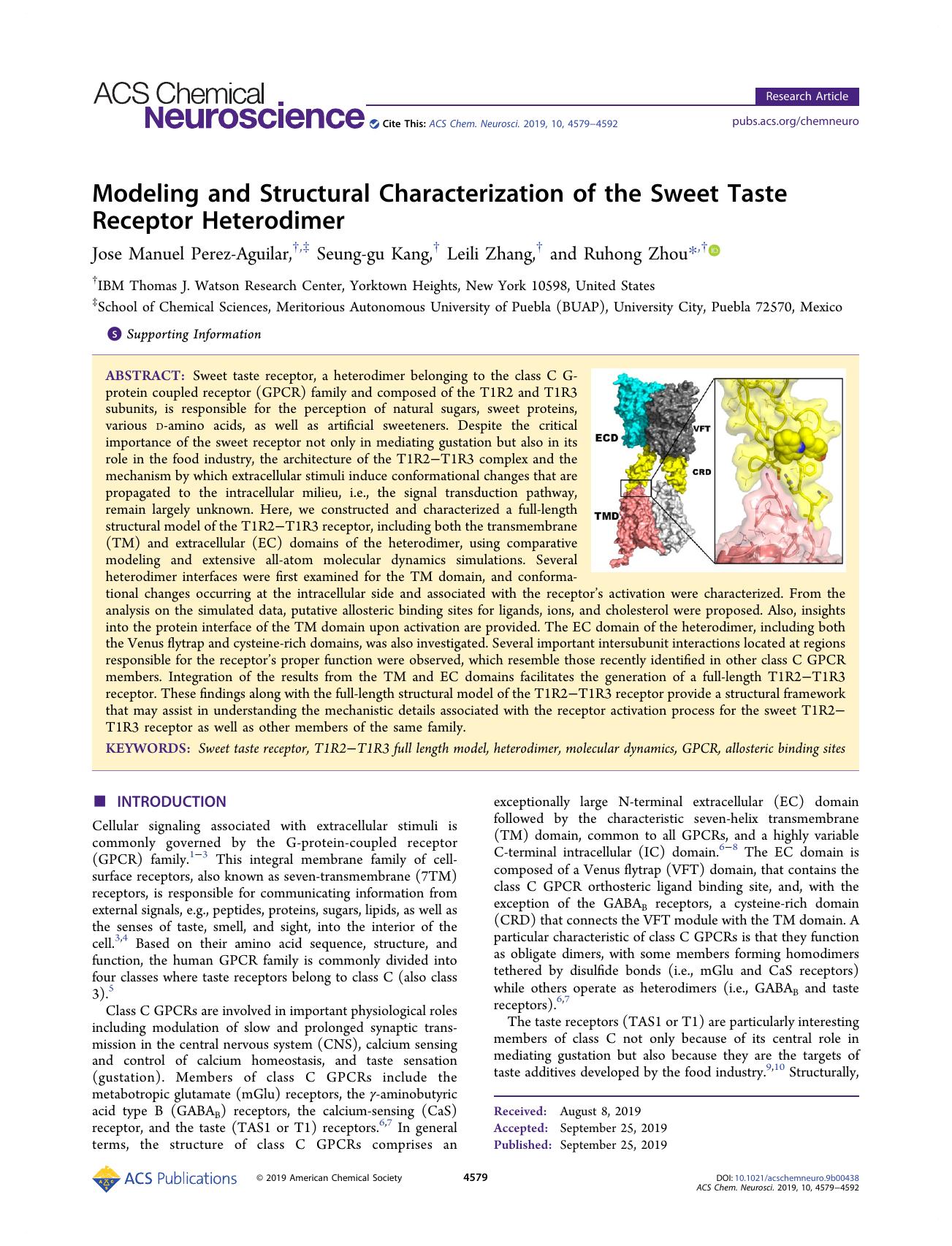 Modeling and Structural Characterization of the Sweet Taste Receptor Heterodimer by Jose Manuel Perez-Aguilar Seung-gu Kang Leili Zhang and Ruhong Zhou