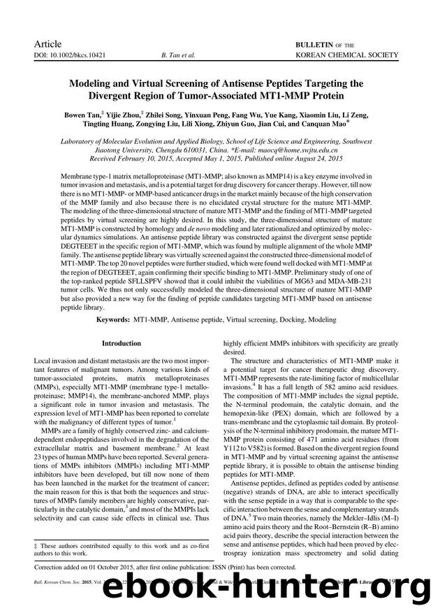 Modeling and Virtual Screening of Antisense Peptides Targeting the Divergent Region of Tumor-Associated MT1-MMP Protein by Unknown