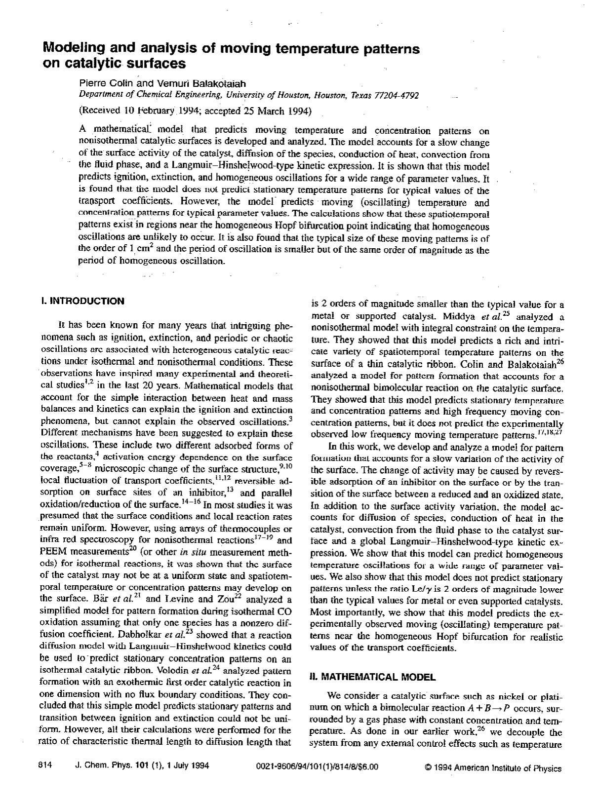 Modeling and analysis of moving temperature patterns on catalytic surfaces by Pierre Colin; Vemuri Balakotaiah