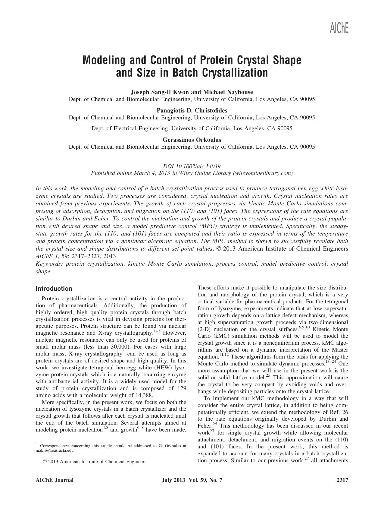 Modeling and control of protein crystal shape and size in batch crystallization by Unknown