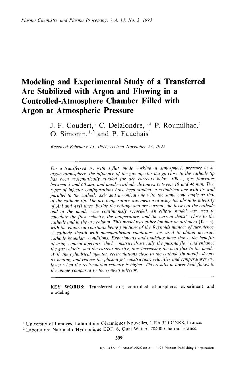 Modeling and experimental study of a transferred arc stabilized with argon and flowing in a controlled-atmosphere chamber filled with argon at atmospheric pressure by Unknown