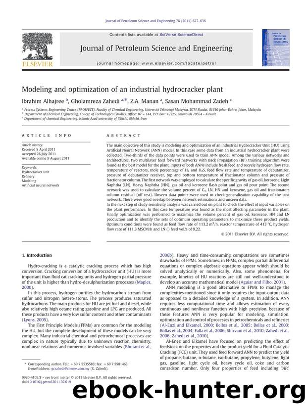 Modeling and optimization of an industrial hydrocracker plant by Ibrahim Alhajree & Gholamreza Zahedi & Z.A. Manan & Sasan Mohammad Zadeh