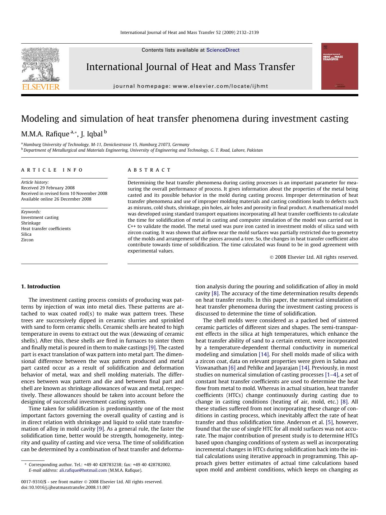 Modeling and simulation of heat transfer phenomena during investment casting by M.M.A. Rafique; J. Iqbal