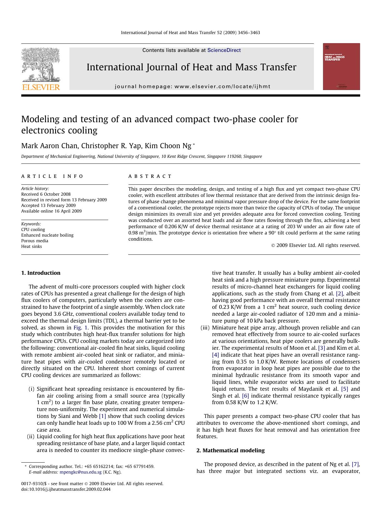 Modeling and testing of an advanced compact two-phase cooler for electronics cooling by Mark Aaron Chan; Christopher R. Yap; Kim Choon Ng