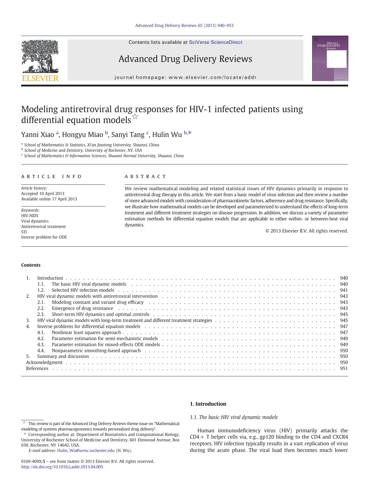 Modeling antiretroviral drug responses for HIV-1 infected patients using differential equation models by Yanni Xiao & Hongyu Miao & Sanyi Tang & Hulin Wu