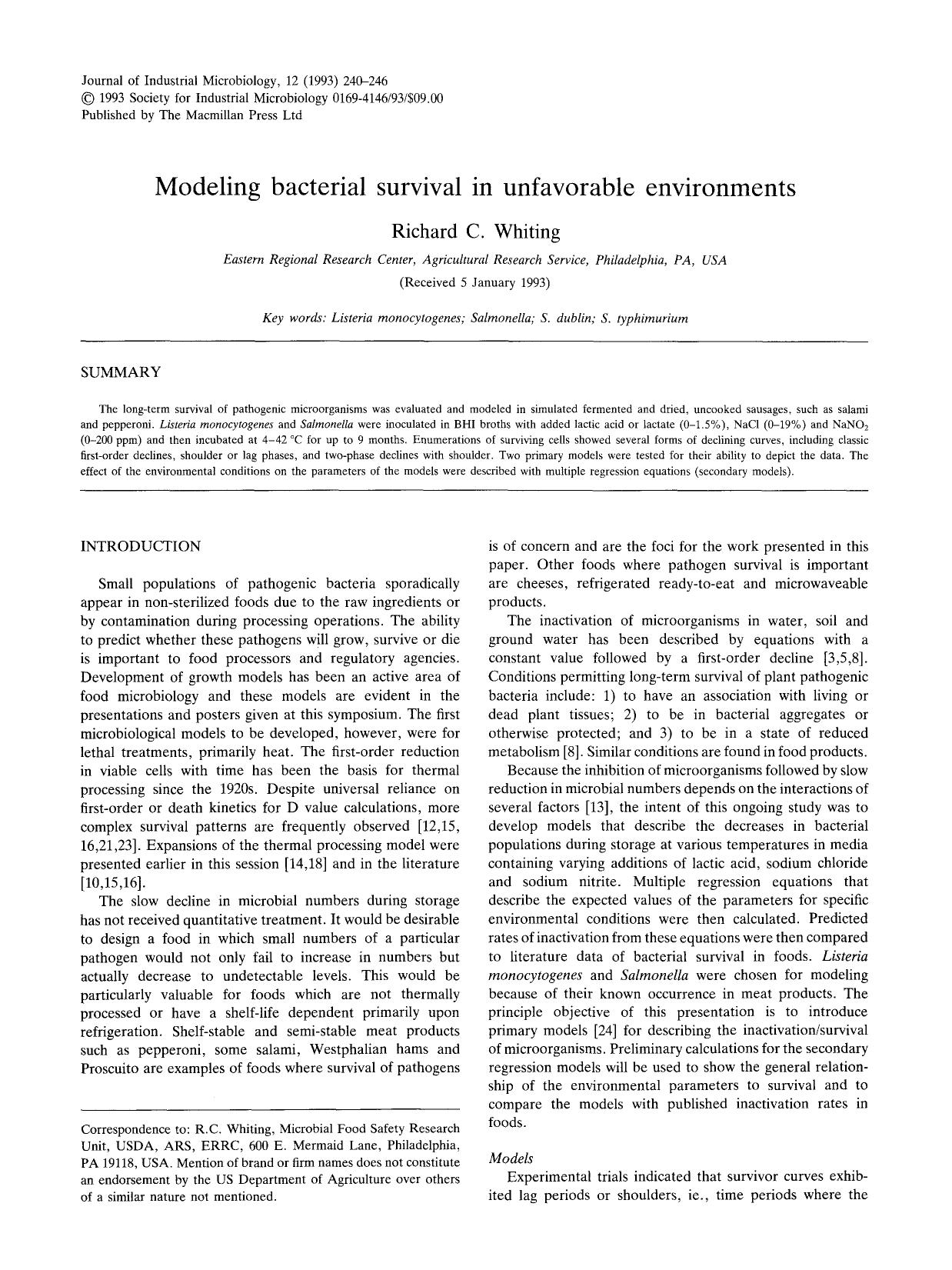 Modeling bacterial survival in unfavorable environments by Unknown