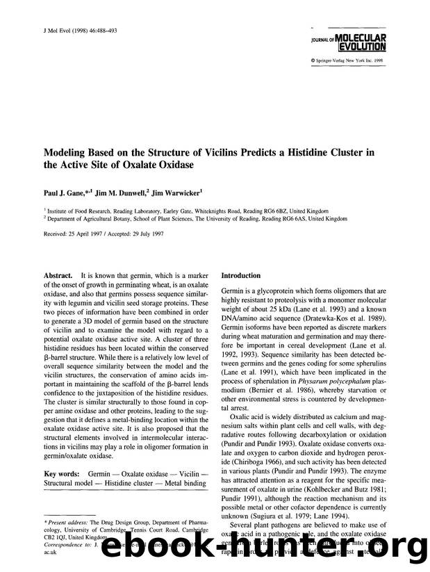 Modeling based on the structure of vicilins predicts a histidine cluster in the active site of oxalate oxidase by Unknown