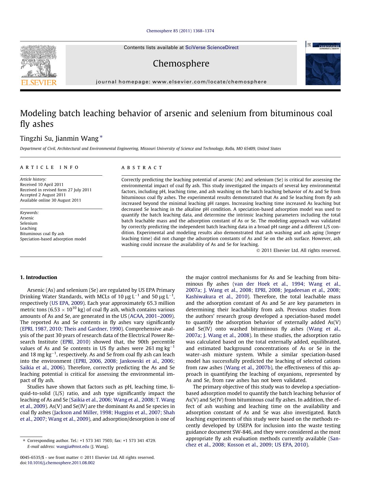 Modeling batch leaching behavior of arsenic and selenium from bituminous coal fly ashes by Tingzhi Su & Jianmin Wang