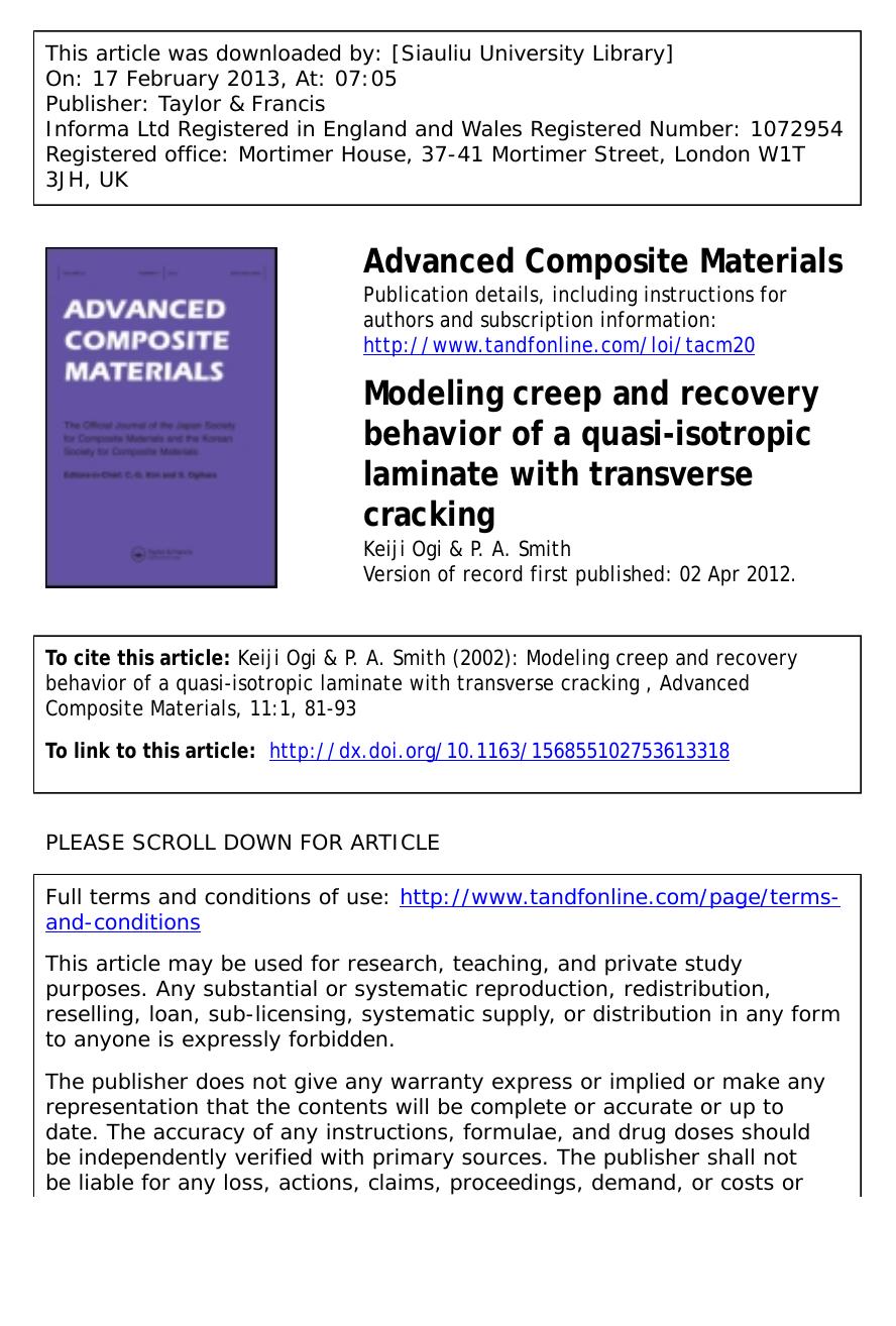 Modeling creep and recovery behavior of a quasi-isotropic laminate with transverse cracking by Keiji Ogi & P. A. Smith