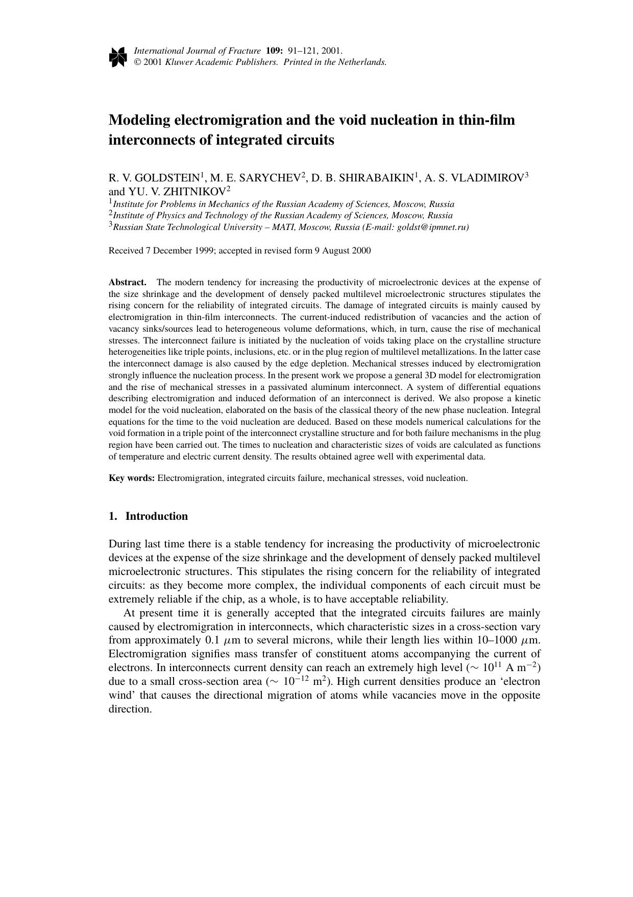 Modeling electromigration and the void nucleation in thin-film interconnects of integrated circuits by Unknown