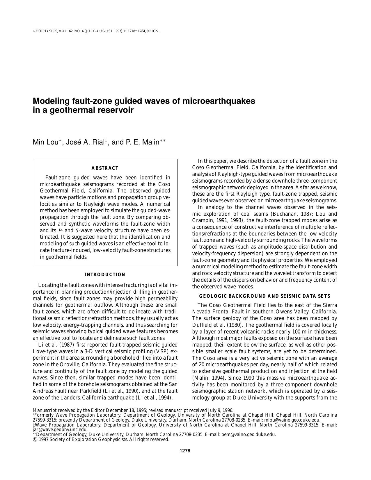 Modeling fault-zone guided waves of microearthquakes in a geothermal reservoir by M. Lou J. A. Rial P. E. Malin