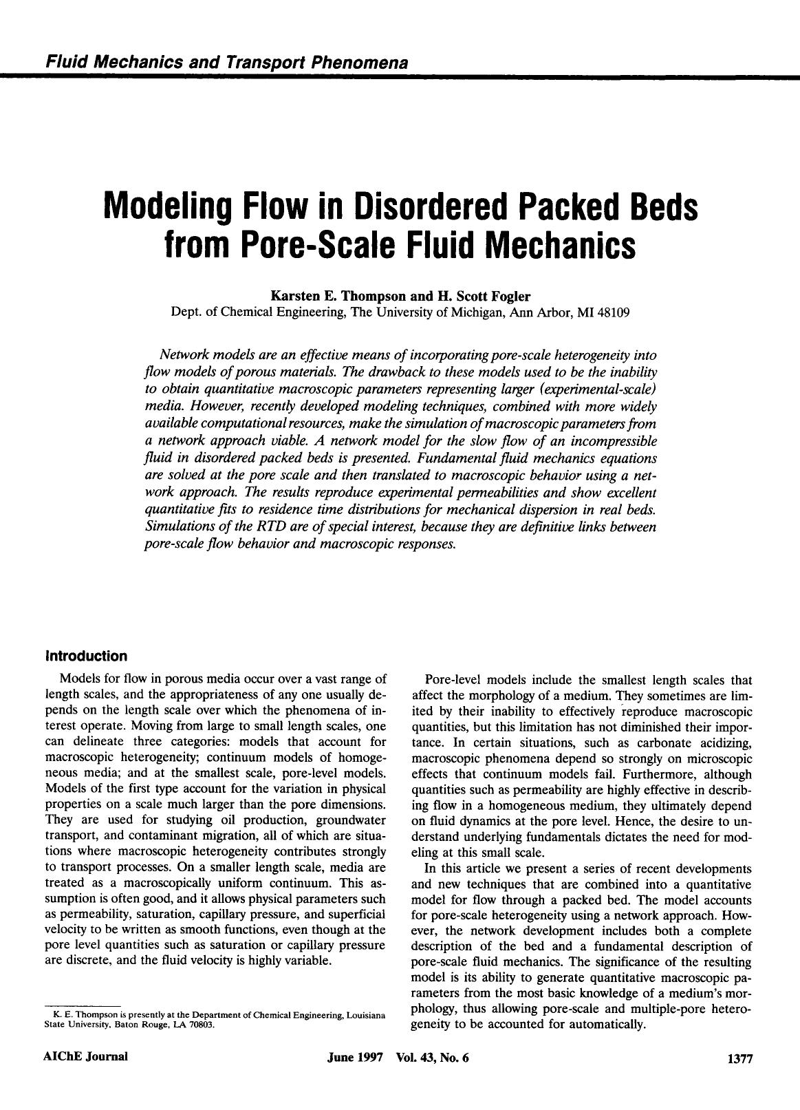 Modeling flow in disordered packed beds from pore-scale fluid mechanics by Unknown