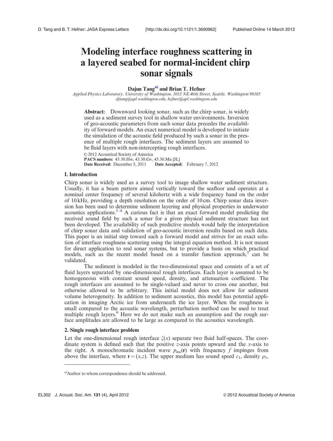 Modeling interface roughness scattering in a layered seabed for normal-incident chirp sonar signals by Dajun Tang and Brian T. Hefner