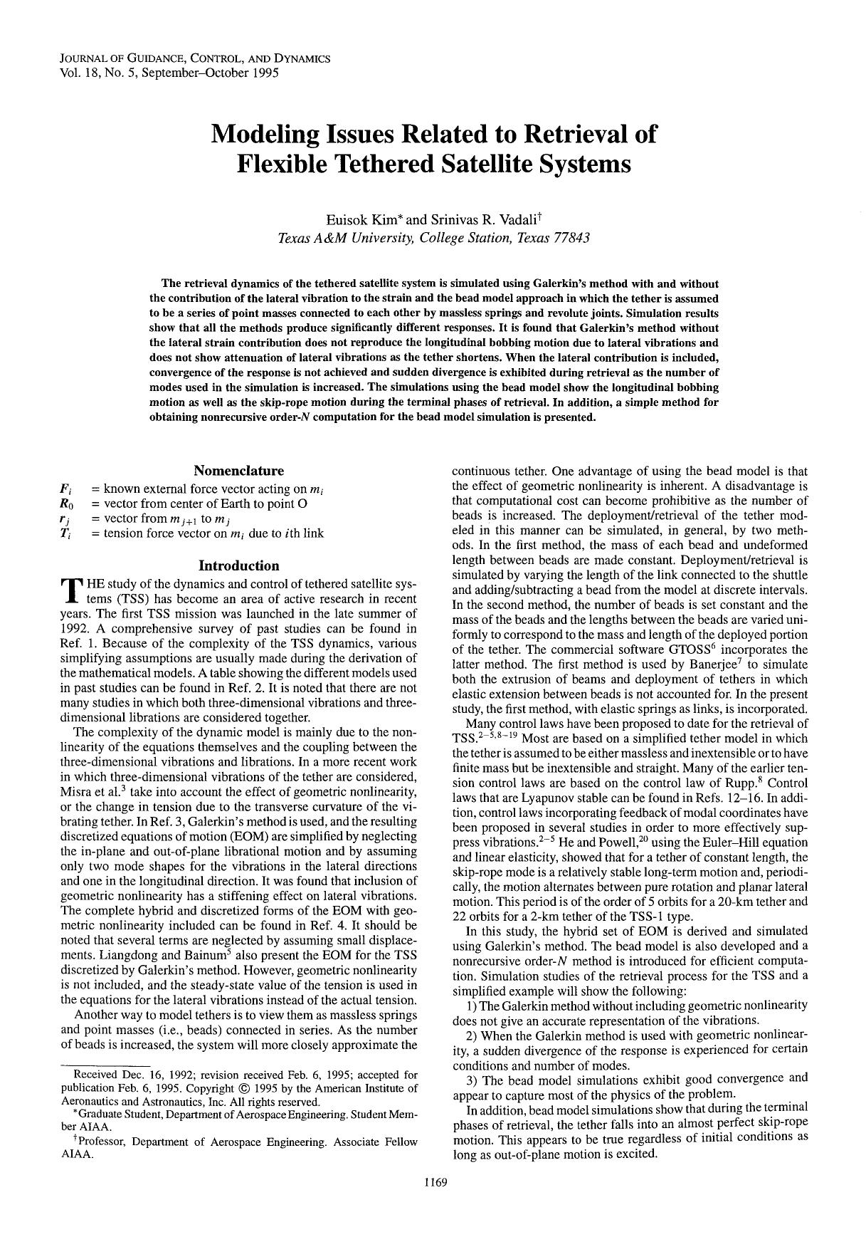 Modeling issues related to retrieval of flexible tethered satellite systems by Unknown