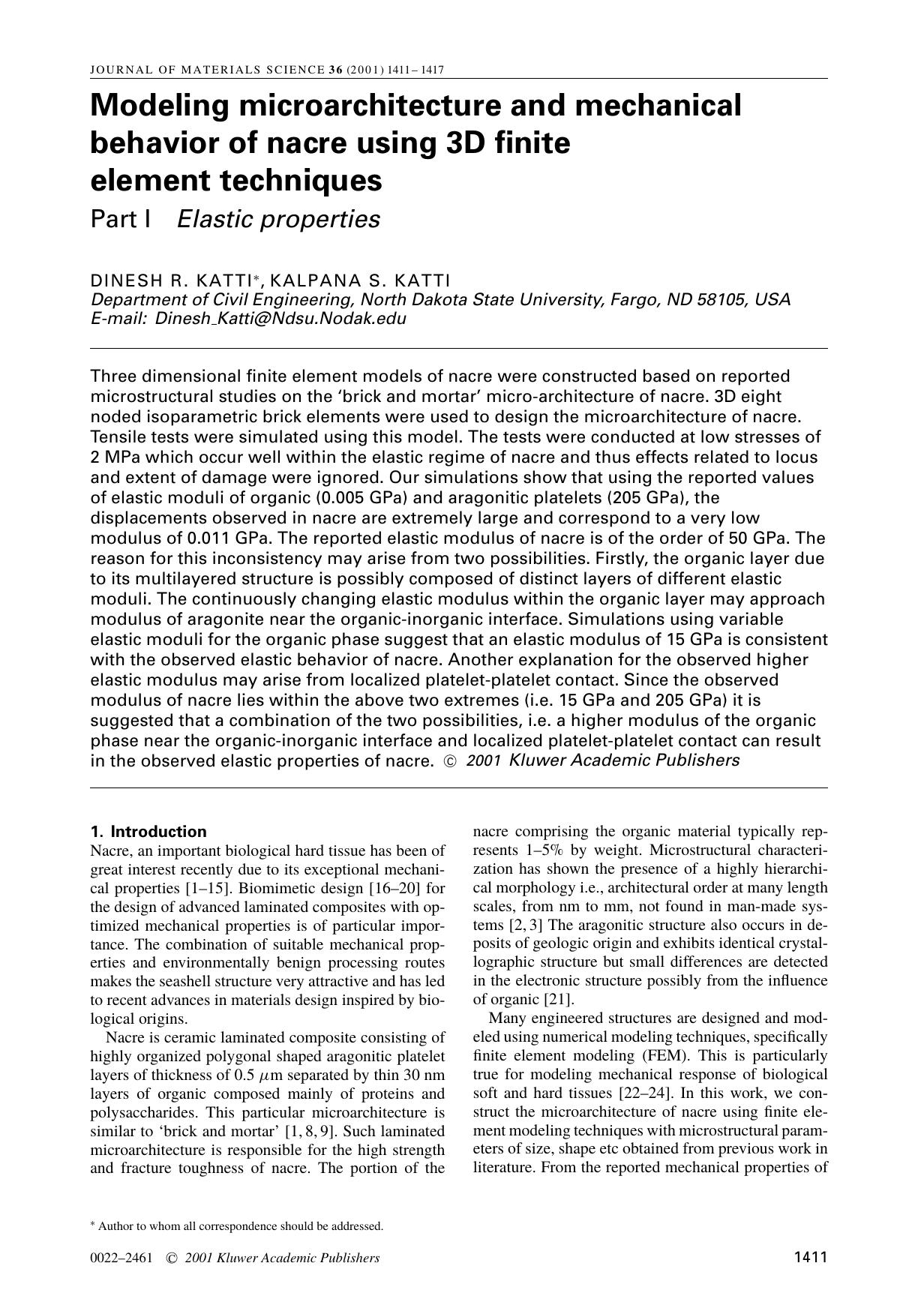 Modeling microarchitecture and mechanical behavior of nacre using 3D finite element techniques Part I Elastic properties by Unknown