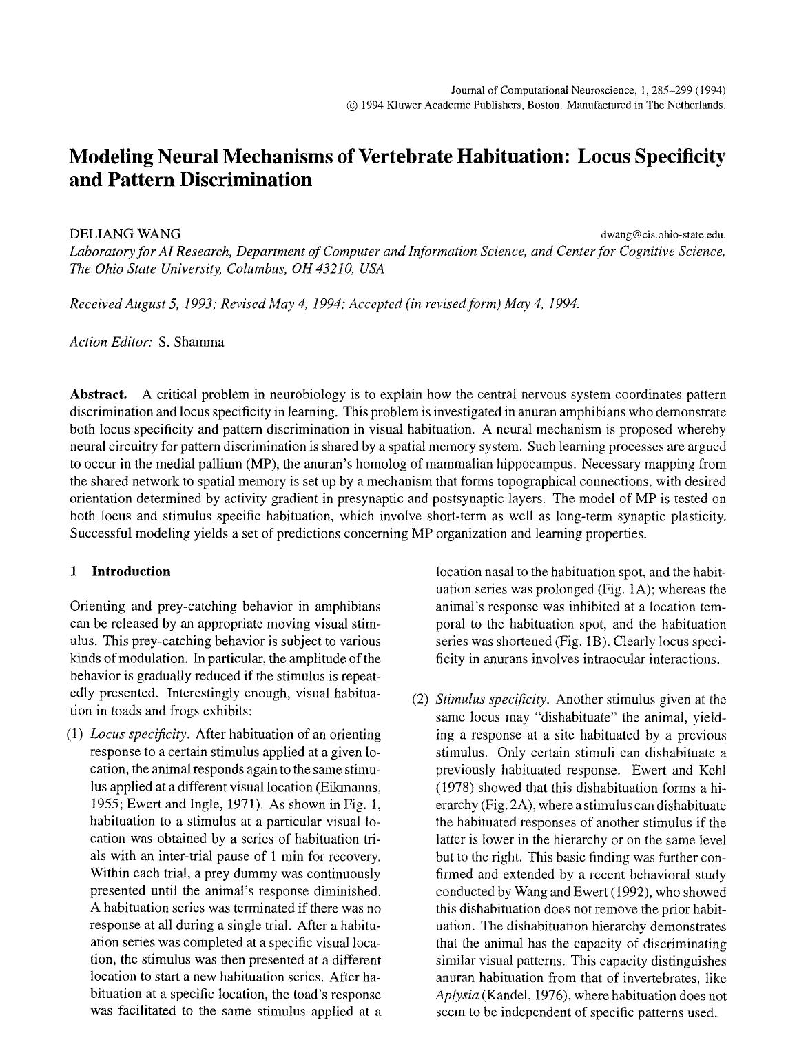 Modeling neural mechanisms of vertebrate habituation: Locus specificity and pattern discrimination by Unknown