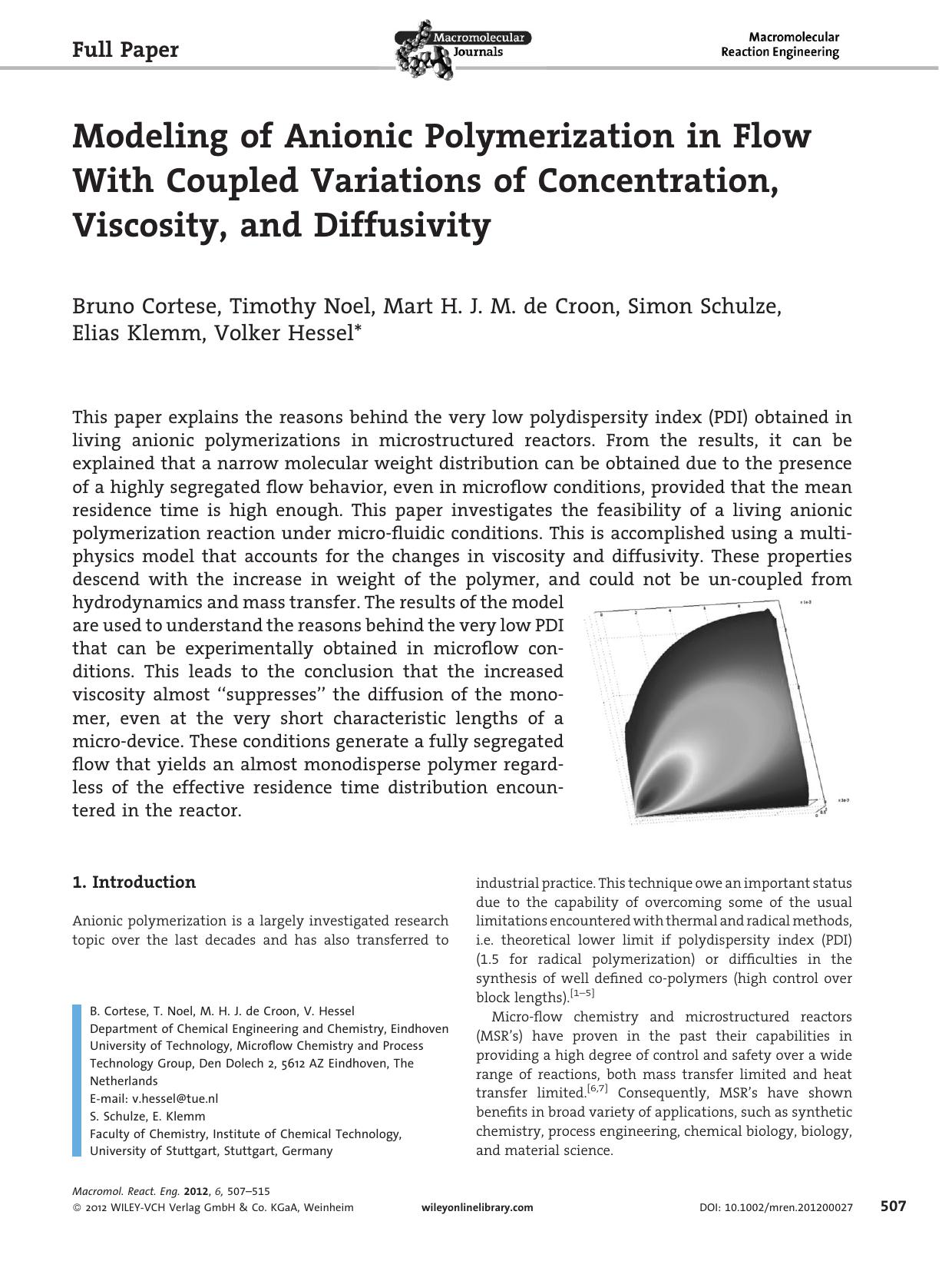 Modeling of Anionic Polymerization in Flow With Coupled Variations of Concentration, Viscosity, and Diffusivity by Unknown