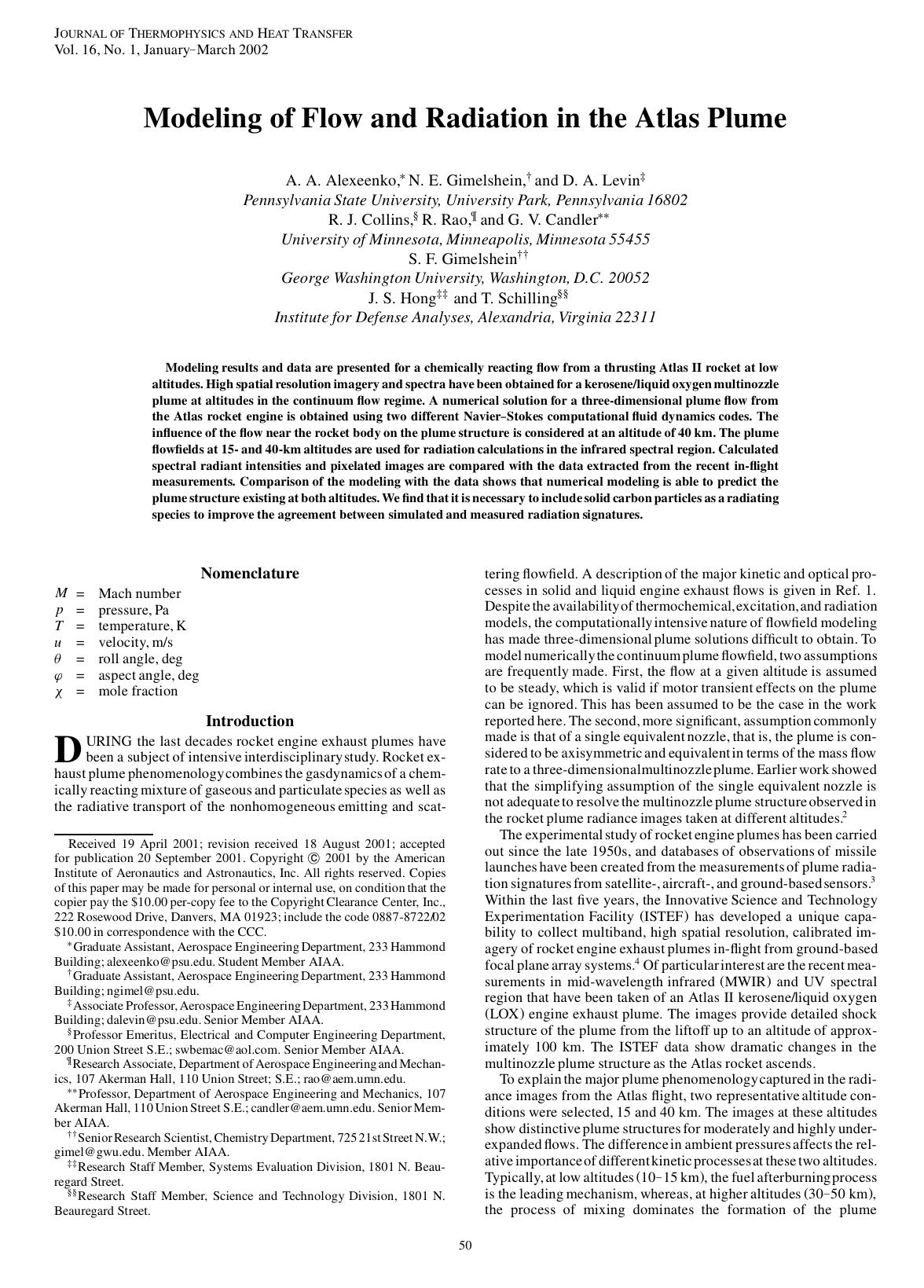 Modeling of Flow and Radiation in the Atlas Plume by Unknown