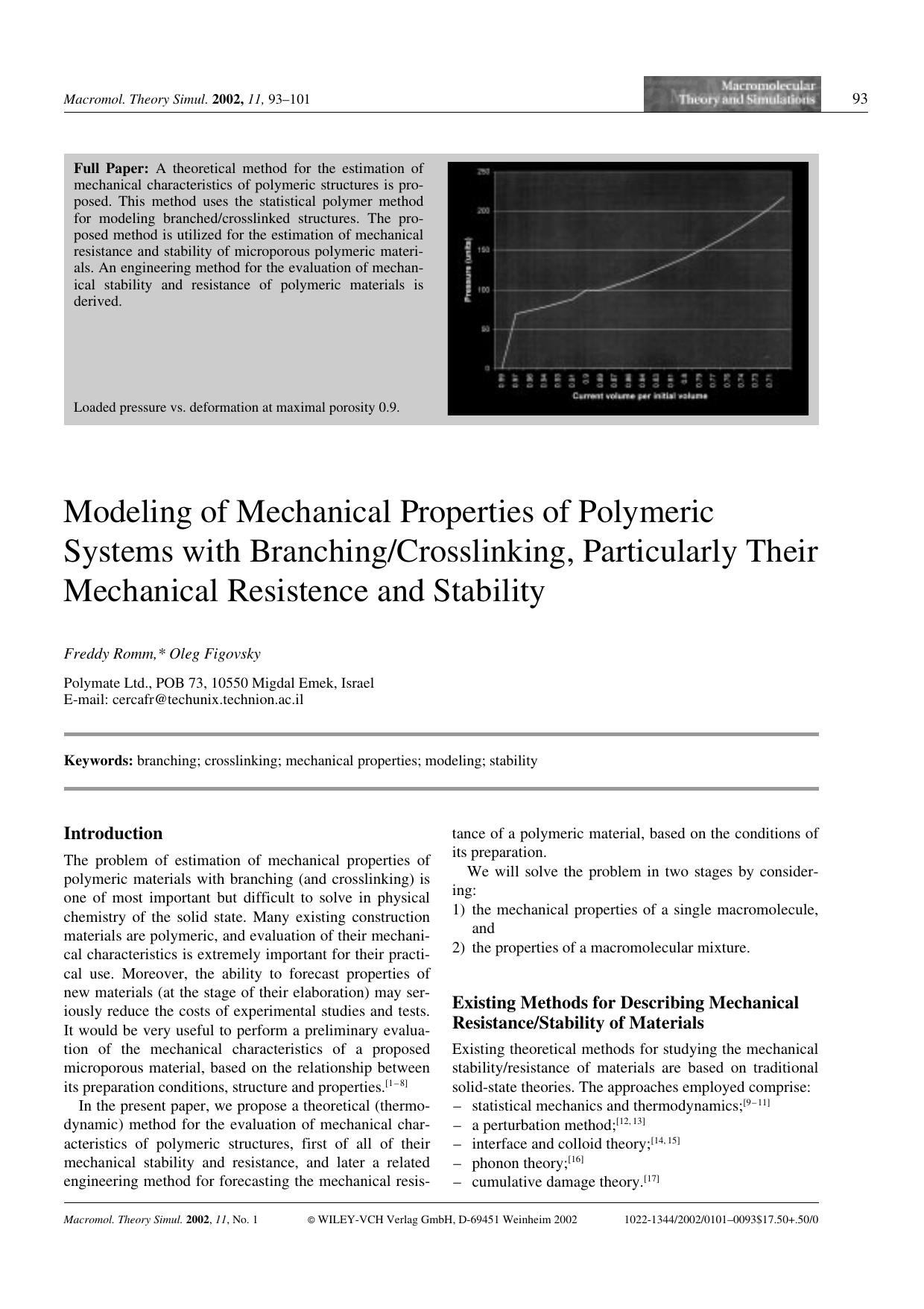 Modeling of Mechanical Properties of Polymeric Systems with BranchingCrosslinking, Particularly Their Mechanical Resistence and Stability by Unknown