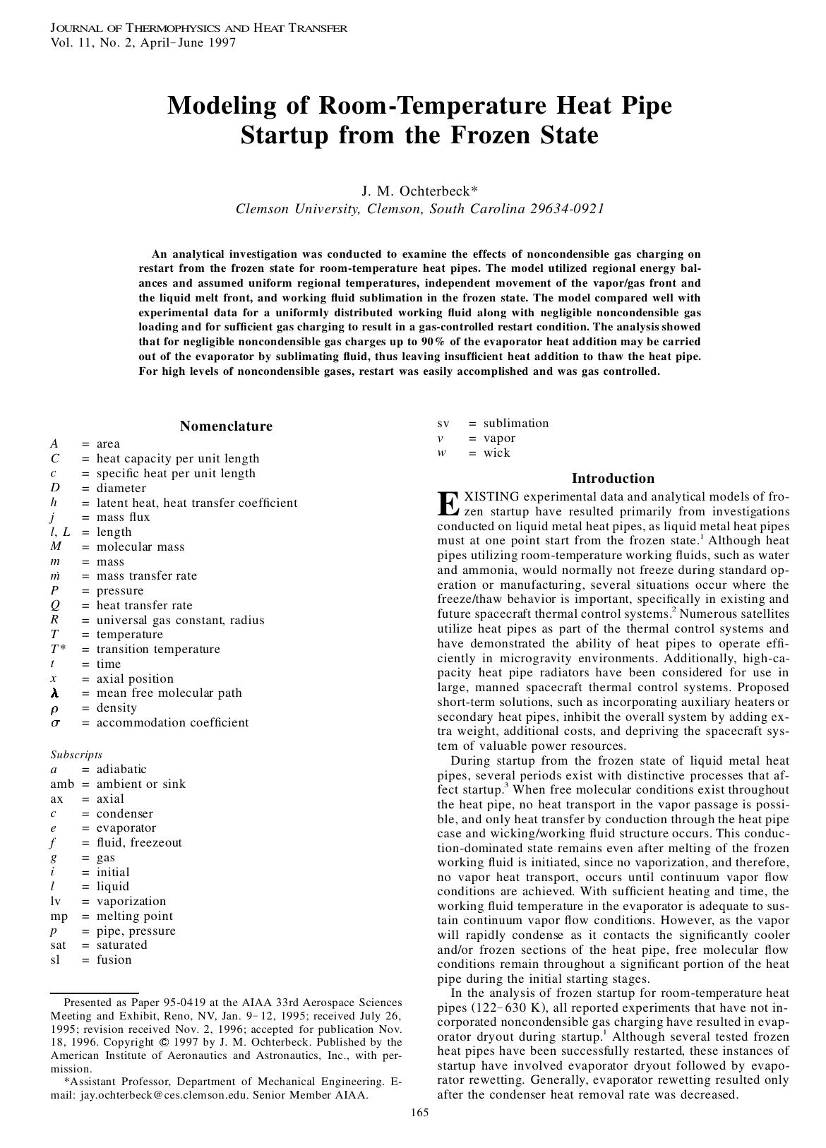 Modeling of Room-Temperature Heat Pipe Startup from the Frozen State by Unknown