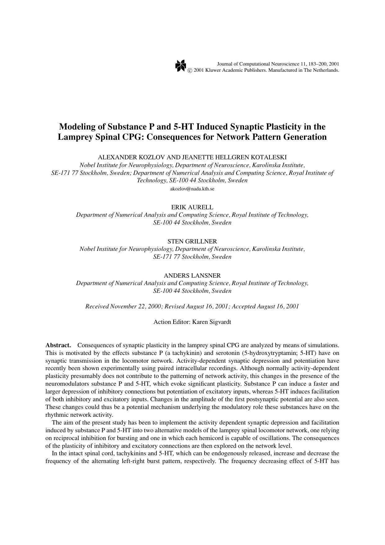 Modeling of Substance P and 5-HT Induced Synaptic Plasticity in the Lamprey Spinal CPG: Consequences for Network Pattern Generation by Unknown