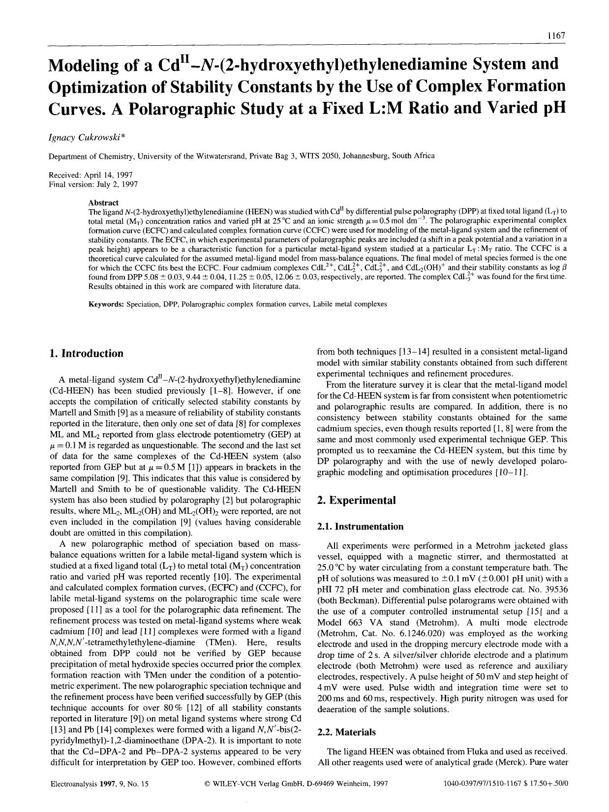 Modeling of a CdII-N-(2-hydroxyethyl)ethylenediamine system and optimization of stability constants by the use of complex formation curves. A polarographic study at a fixed L:M ratio and varied pH by Unknown