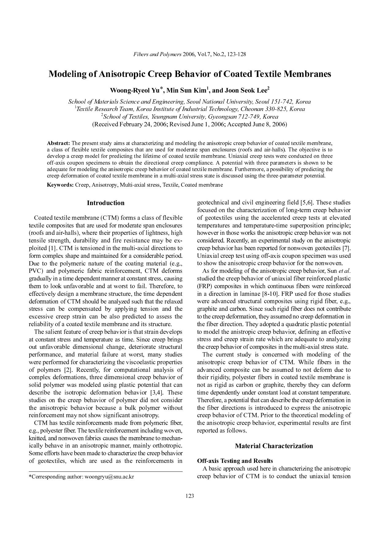 Modeling of anisotropic creep behavior of coated textile membranes by Unknown