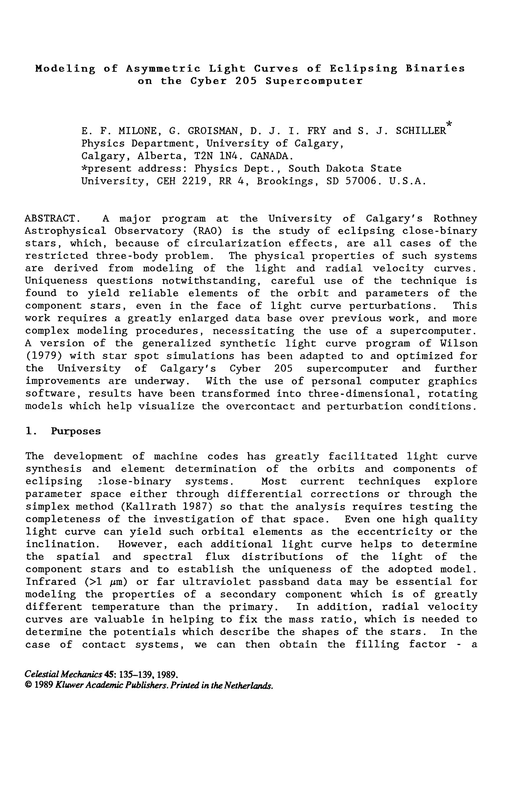 Modeling of asymmetric light curves of eclipsing binaries on the Cyber 205 supercomputer by Unknown