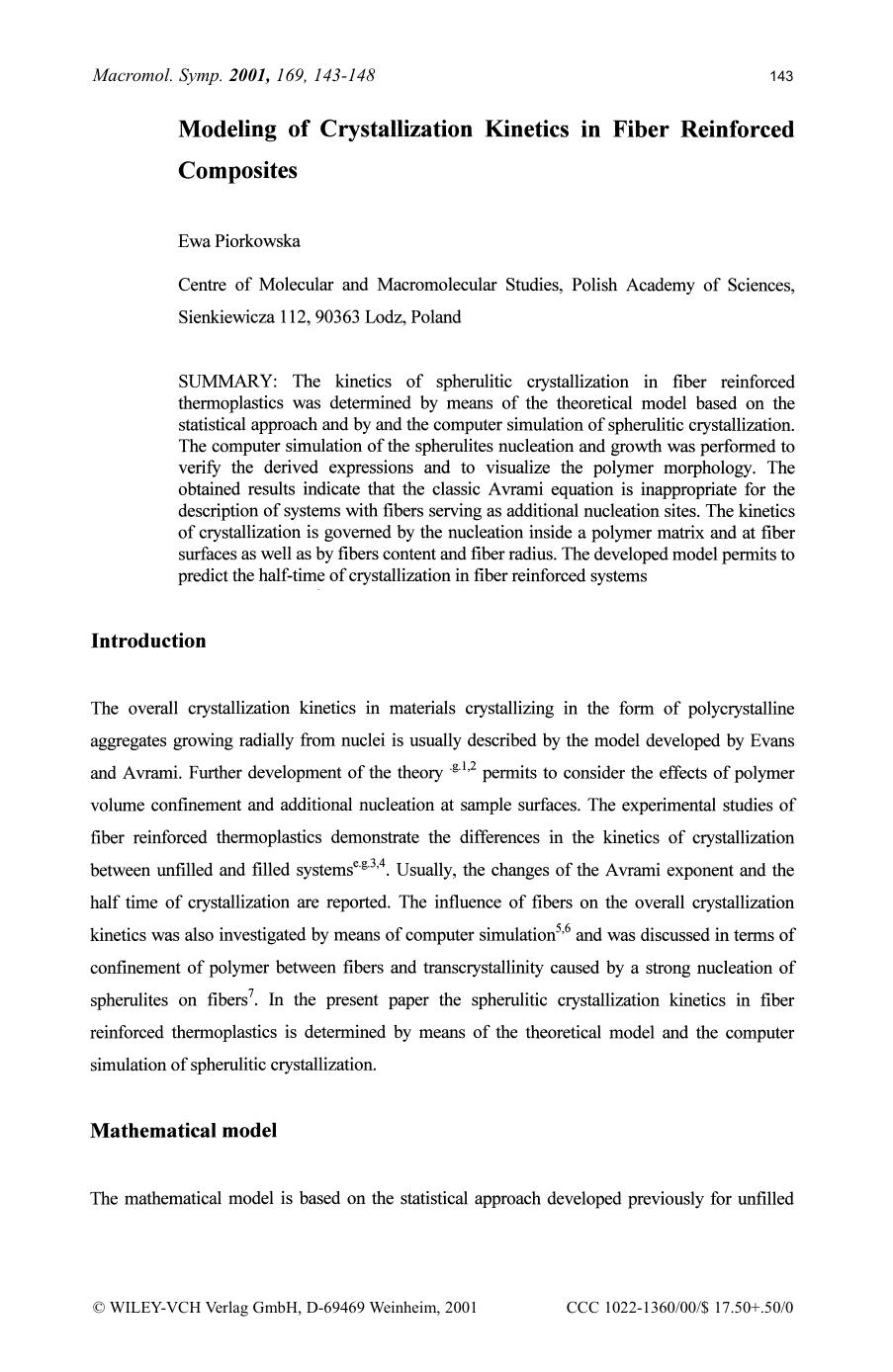 Modeling of crystallization kinetics in fiber reinforced composites by Lutz Bıttger